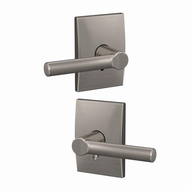 The Schlage Custom Broadway Passage and Privacy Lever With Century Rosette in Satin Nickel finish