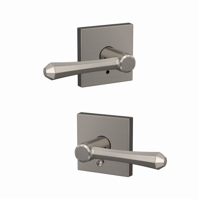 The Schlage Custom Dempsey Passage and Privacy Lever With Collins Rosette in Satin Nickel finish