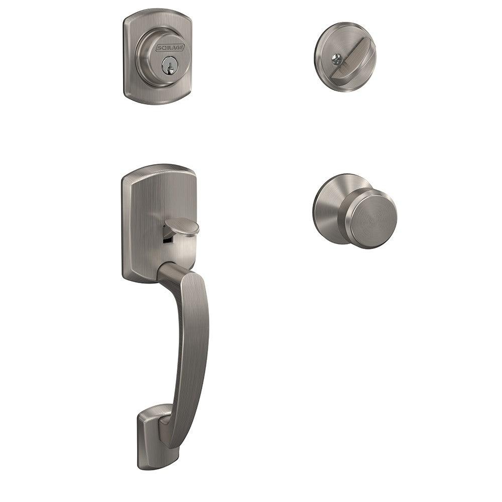 Schlage Greenwich Single Cylinder Handleset with Bowery Knob in Satin Nickel finish