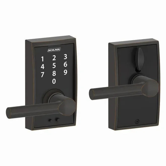 Schlage Touch Keyless Touchscreen Lever with Century Trim and Broadway Lever Aged Bronze