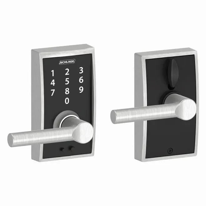 Schlage Touch Keyless Touchscreen Lever with Century Trim and Broadway Lever Satin Chrome