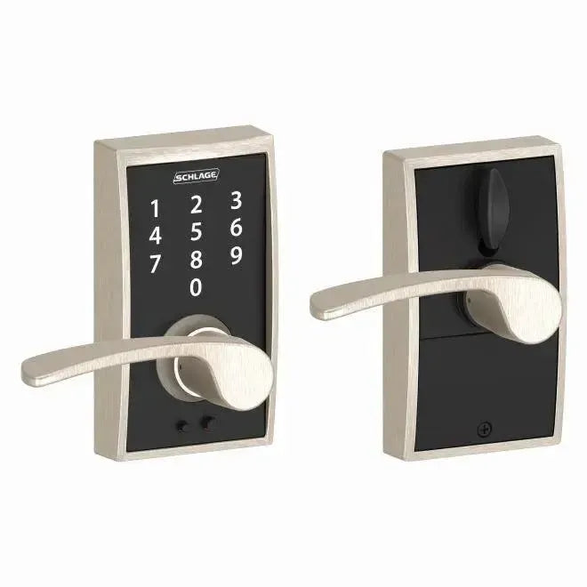 Schlage Touch Keyless Touchscreen Lever with Century trim and Merano Lever Satin Nickel
