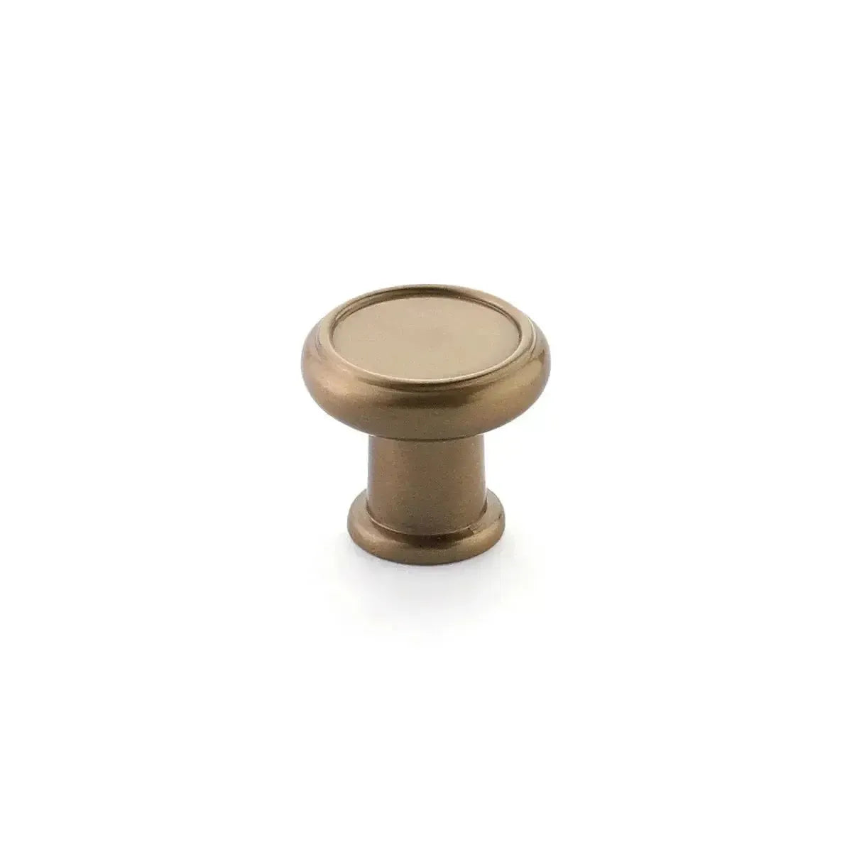 The Schaub Steamworks Round Cabinet Knob in Brushed Bronze finish.