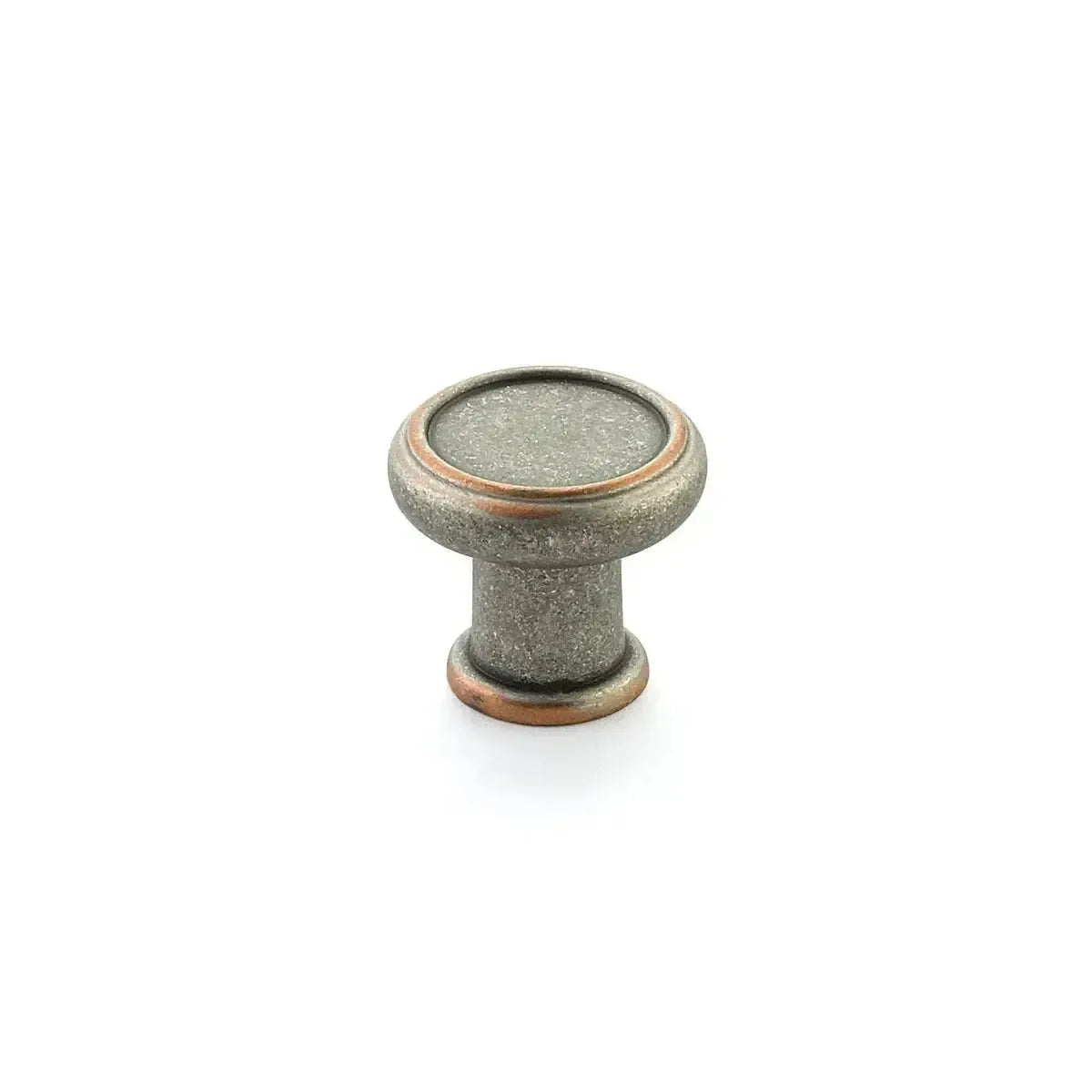 The Schaub Steamworks Round Cabinet Knob in Distressed Pewter-Copper finish.