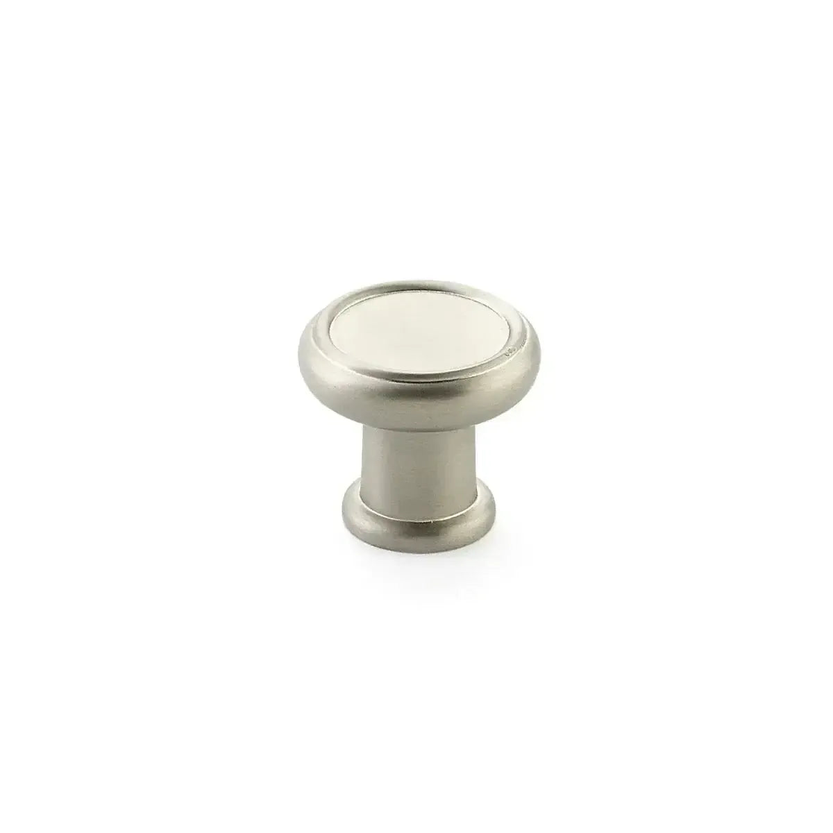 The Schaub Steamworks Round Cabinet Knob in Satin Nickel finish.