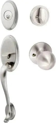 The Sure-Loc Aspen Handleset With Tahoe Knob Interior Trim in Satin Nickel finish