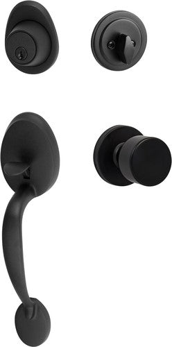 The Sure-Loc Alta Handleset With Bergen Round Knob Interior Trim in Flat Black finish