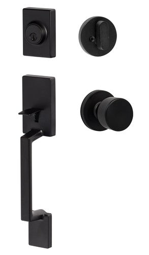 Sure-Loc Stockholm Handleset With Bergen Round Knob Interior Trim in Flat Black finish