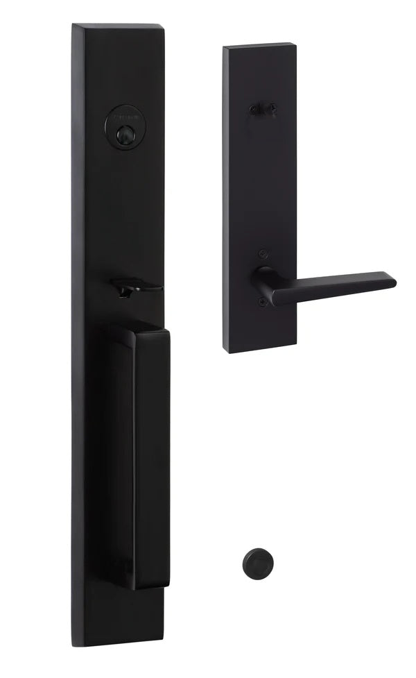The Sure-Loc Vail Handleset With Basel Lever Handleset Trim in Flat Black finish.