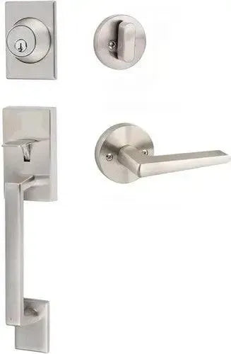 Sure-Loc Koln Handleset With Round Thumb Turn, Basel Round Lever Interior Trim in Satin Nickel finish