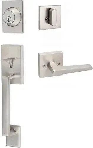 Sure-Loc Koln Handleset With Square Thumb Turn, Basel Square Lever Interior Trim Satin Nickel
