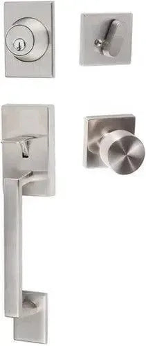 Sure-Loc Koln Handleset With Square Thumb Turn, Bergen Square Knob Interior Trim Satin Nickel