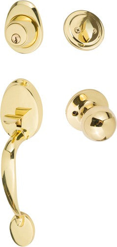 The Sure-Loc Alta Handleset With Tahoe Knob Interior Trim in Polished Brass finish