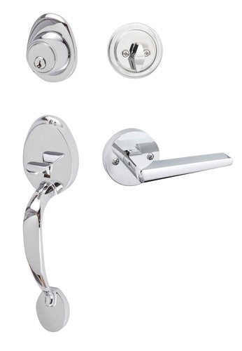 The Sure-Loc Alta Handleset With Basel Round Lever Interior Trim in Polished Chrome finish