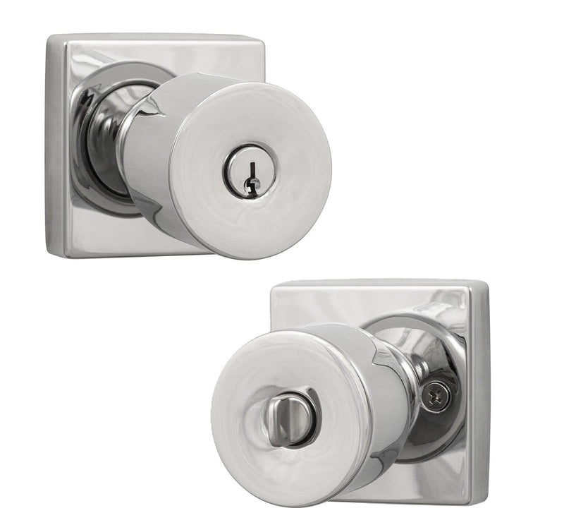 The Sure-Loc Bergen Knob with Square Rosette in Polished Chrome finish