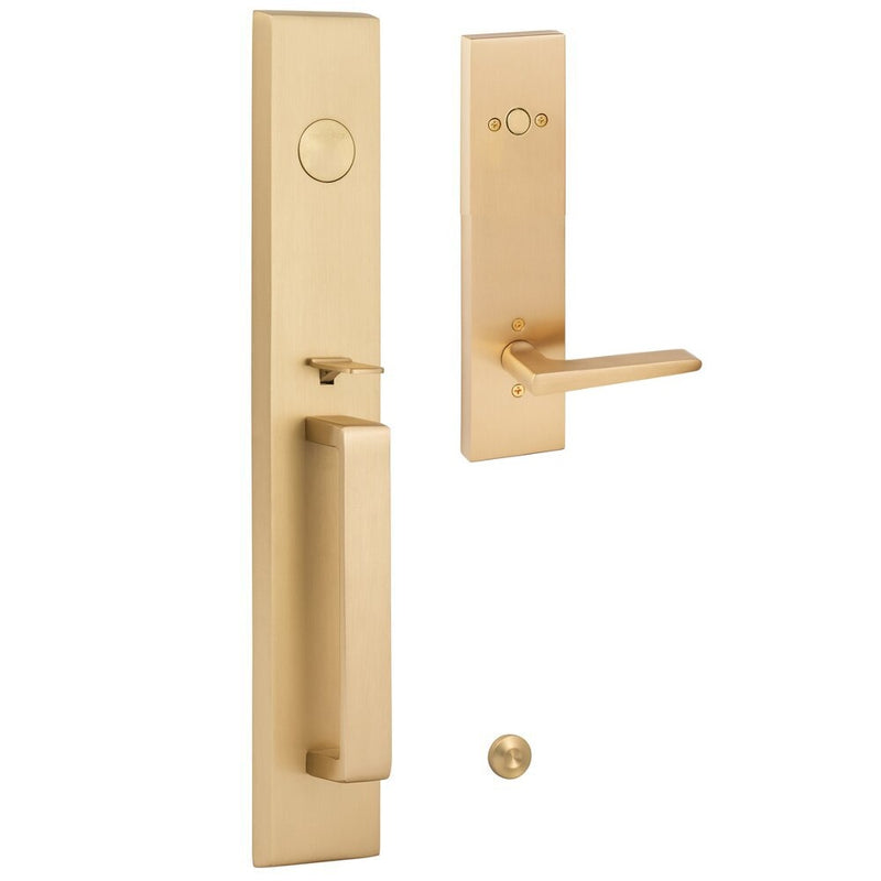 The Sure-Loc Vail Handleset With Basel Lever Handleset Trim in Satin Brass finish.