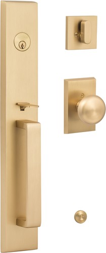 Sure-Loc Vail Handleset With Oakley Knob Handleset Trim in Satin Brass finish