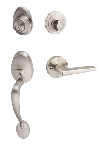 The Sure-Loc Alta Handleset With Basel Round Lever Interior Trim in Satin Nickel finish