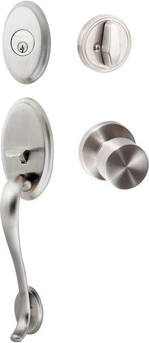 The Sure-Loc Aspen Handleset With Bergen Round Knob Interior Trim in Satin Nickel finish