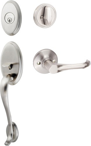 The Sure-Loc Aspen Handleset With Helena Lever Interior Trim in Satin Nickel finish