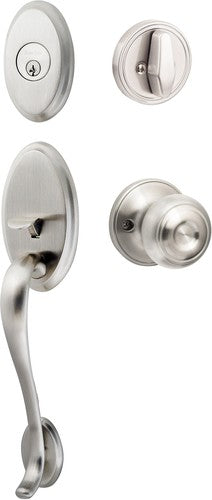 The Sure-Loc Aspen Handleset With Juniper Knob Interior Trim in Satin Nickel finish