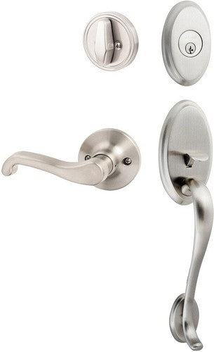 The Sure-Loc Aspen Handleset With Sage Lever Handleset Trim, Right Hand in Satin Nickel finish