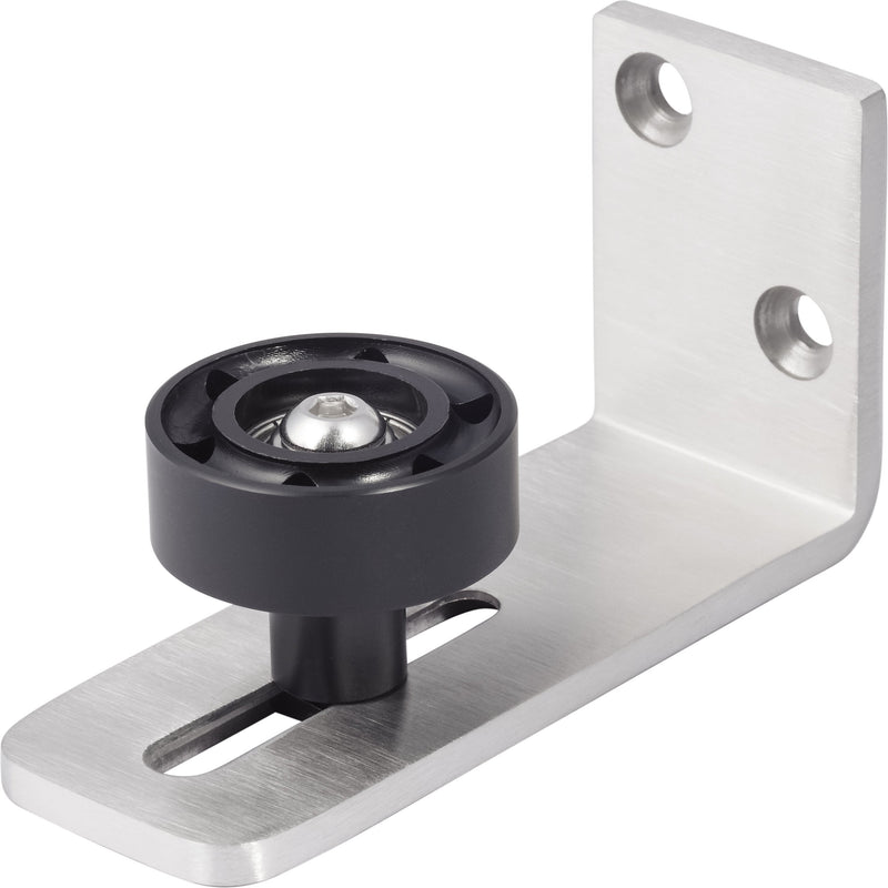 The Sure-Loc Barn Track Roller Guide, Wall Mounted in Satin Nickel finish