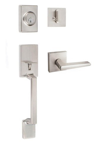 Sure-Loc Stockholm Handleset With Basel Square Lever Interior Trim in Satin Nickel finish