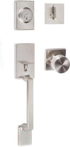 Sure-Loc Stockholm Handleset With Bergen Square Knob Interior Trim in Satin Nickel finish