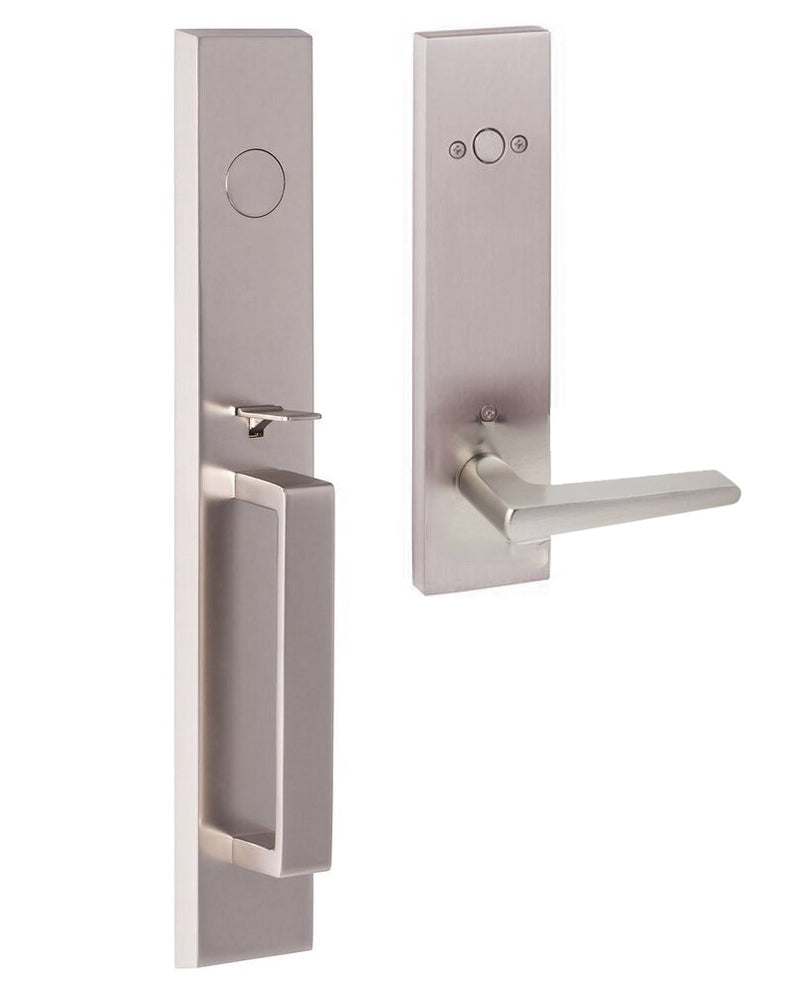The Sure-Loc Vail Handleset With Basel Lever Handleset Trim in Satin Nickel finish.