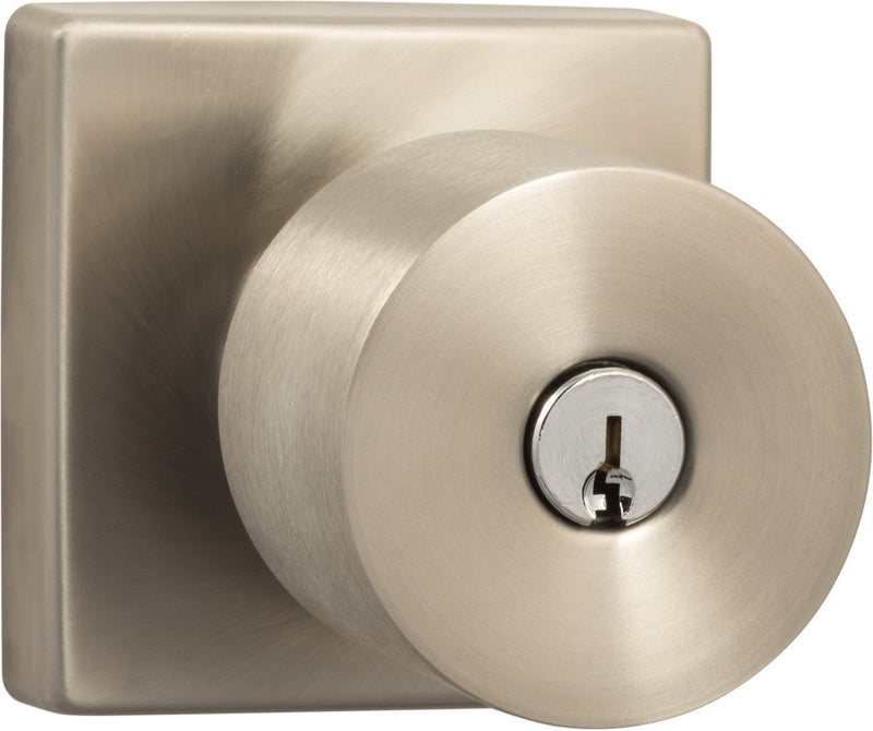 The Sure-Loc Bergen Knob with Square Rosette in Satin Stainless Steel finish