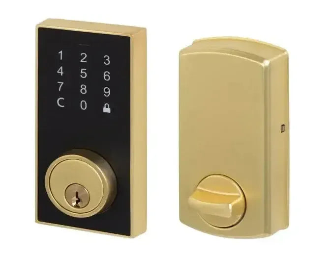 The Sure-Loc Touch Screen Keypad Deadbolt in Satin Brass finish.
