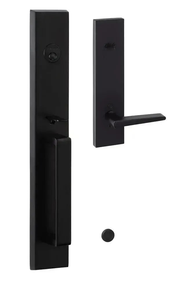 The Sure-Loc Vail Handleset With Basel Lever Handleset Trim in Flat Black finish.