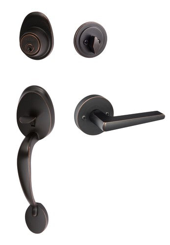 The Sure-Loc Alta Handleset With Basel Round Lever Interior Trim in Vintage Bronze finish