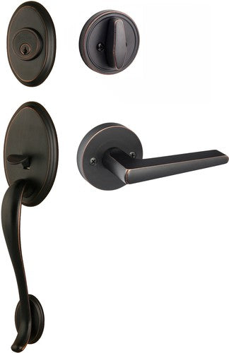 The Sure-Loc Aspen Handleset With Basel Round Lever Interior Trim in Vintage Bronze finish