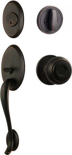 The Sure-Loc Aspen Handleset With Juniper Knob Interior Trim in Vintage Bronze finish