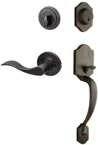The Sure-Loc Coral Handleset With Snowbird Lever Interior Trim, Right Hand in Vintage Bronze finish