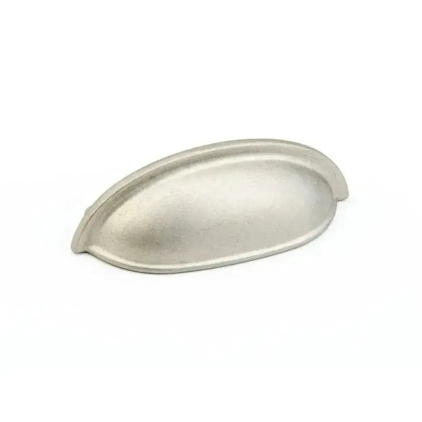 The Schaub Traditional Cup Cabinet Pull in Distressed Nickel finish.