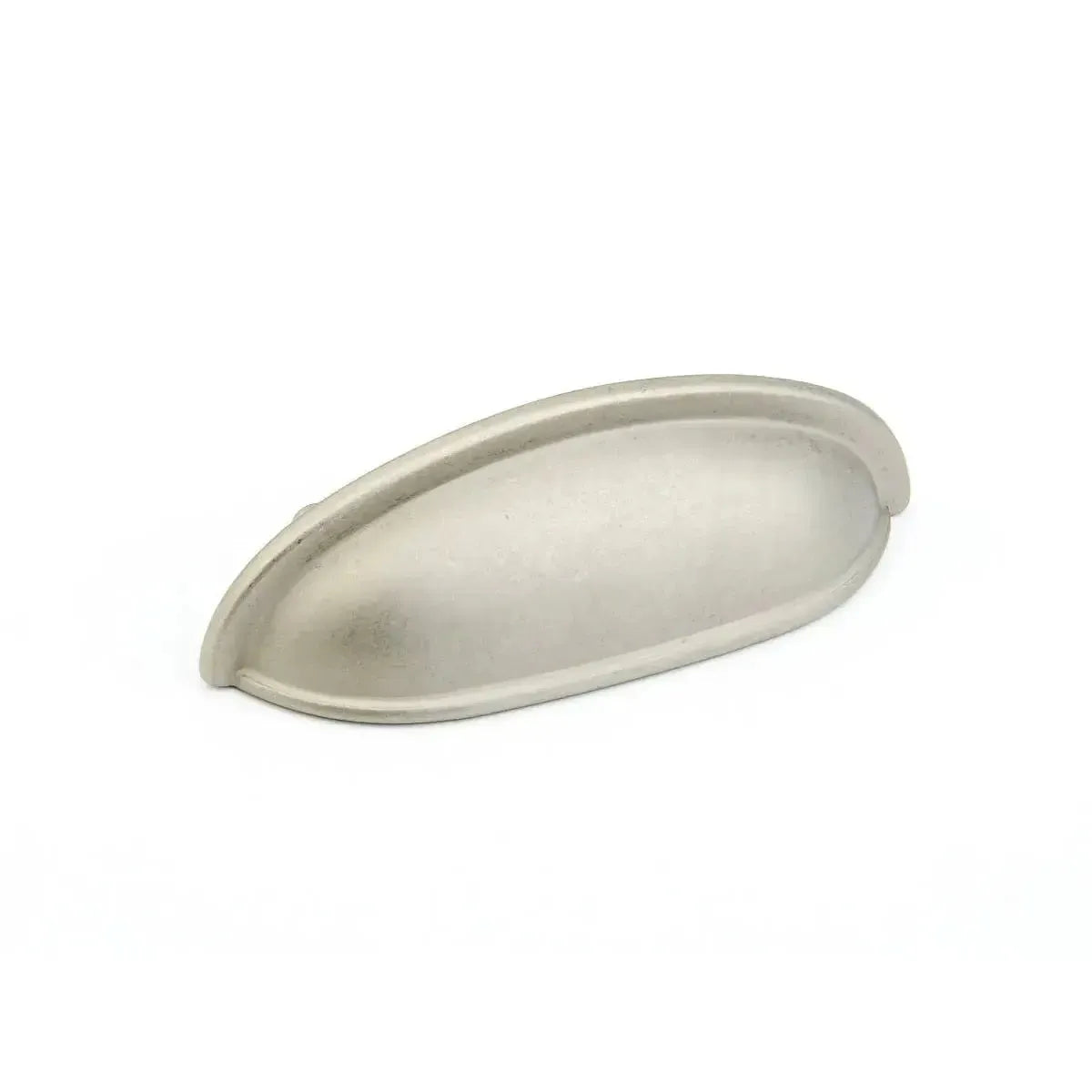 The Schaub Traditional Cup Cabinet Pull in Distressed Nickel finish.