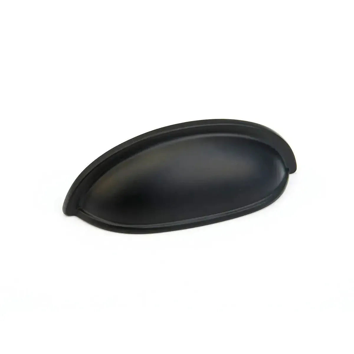 The Schaub Traditional Cup Cabinet Pull in Flat Black finish.