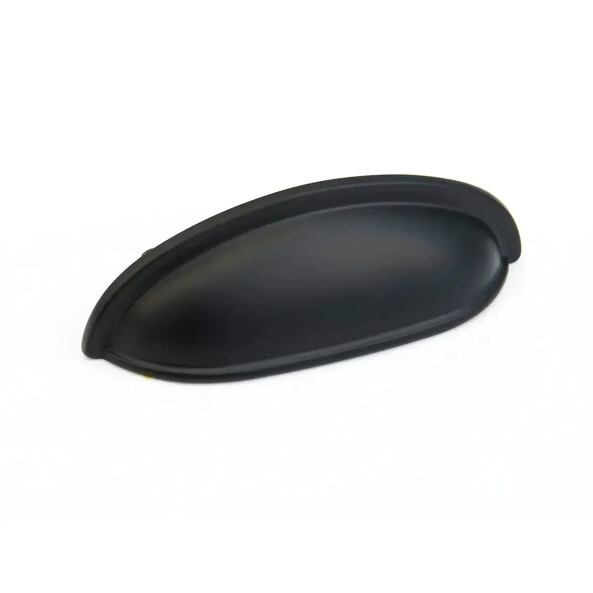 The Schaub Traditional Cup Cabinet Pull in Flat Black finish.