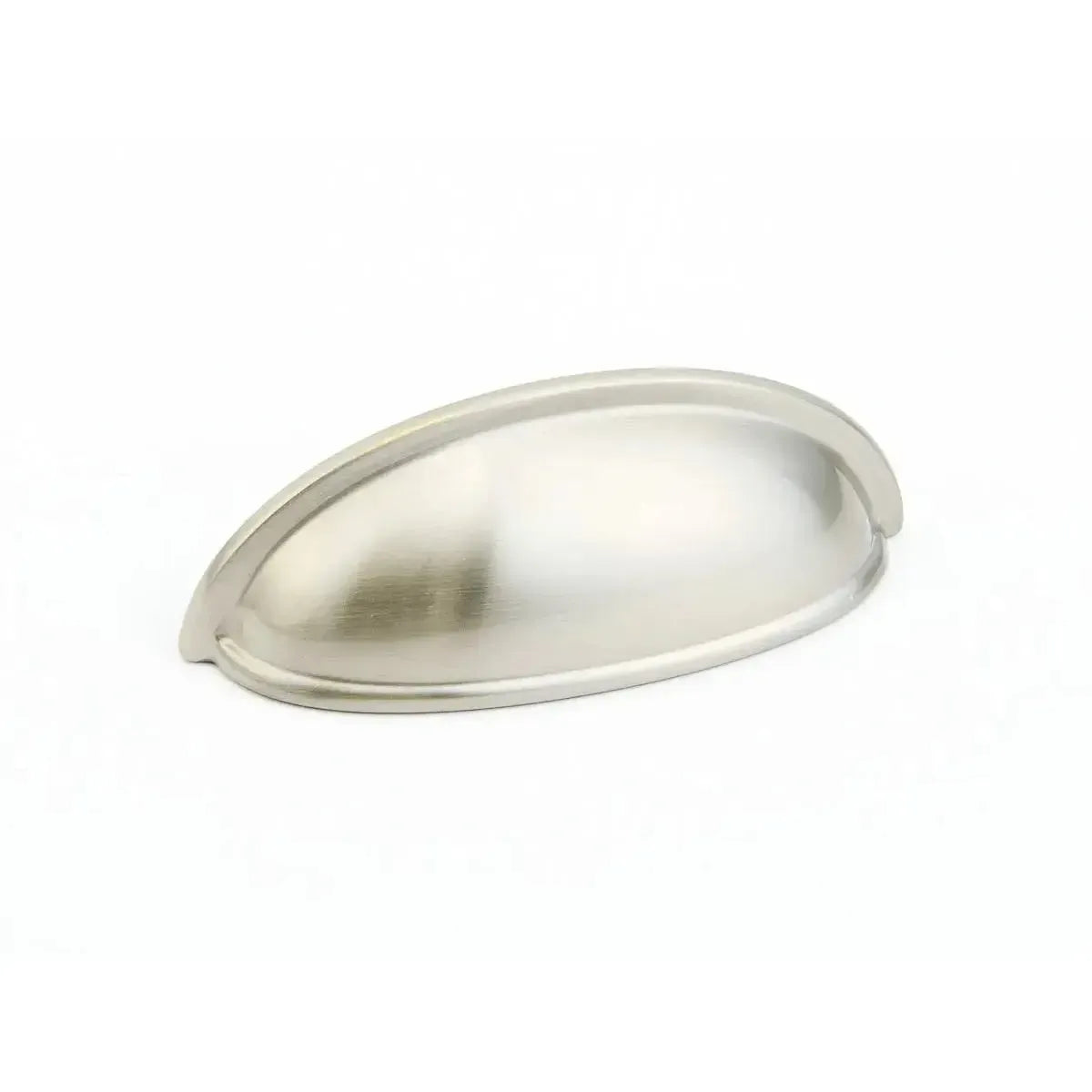 The Schaub Traditional Cup Cabinet Pull in Satin Nickel finish.