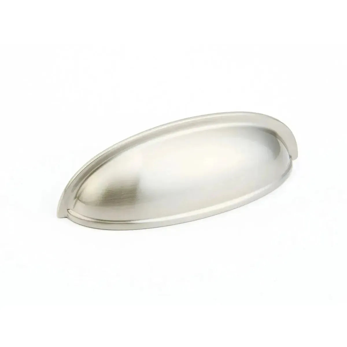 The Schaub Traditional Cup Cabinet Pull in Satin Nickel finish.