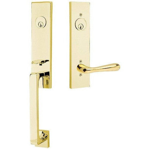 Emtek Davos Handleset with Interior Basel Lever in Unlacquered Brass finish