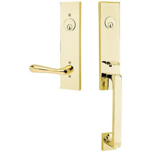 Emtek Davos Handleset with Interior Basel Lever in Unlacquered Brass finish