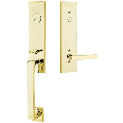 Emtek Davos Tubular Entrance Handleset With Freestone Lever in Unlacquered Brass finish