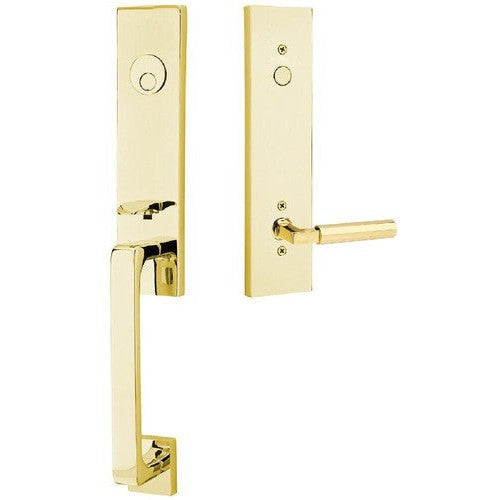 Emtek Davos Tubular Entrance Handleset With Hercules Lever in Unlacquered Brass finish