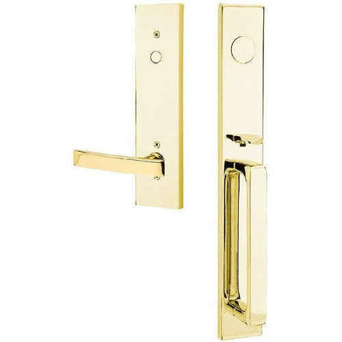 Emtek Dummy Lausanne Tubular Entrance Handleset with Geneva Lever in Unlacquered Brass finish