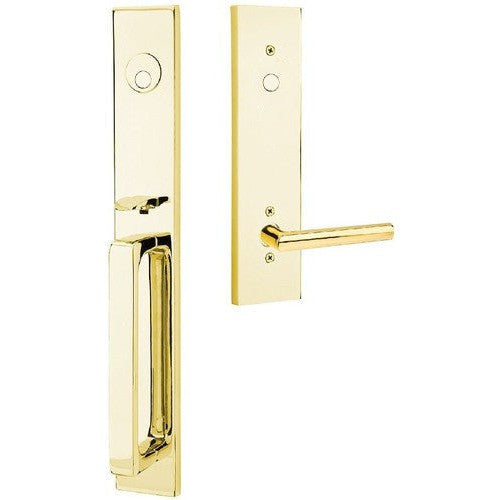 Emtek Lausanne Tubular Entrance Handleset With Stuttgart Lever in Unlacquered Brass finish