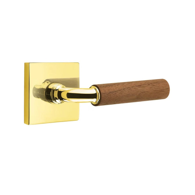 Emtek Select R-Bar Dark Walnut Lever with Square Rosette in Unlacquered Brass finish